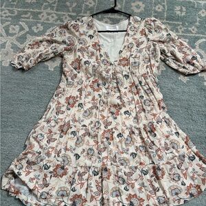 Dear John Cream Floral V-Neck Tiered Midi Dress with Blue and Rust Flowers